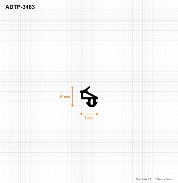Anschlagdichtung ADTP-3483 im Maßstab 1:1 auf Karopapier, 9 mm breit und 10 mm hoc